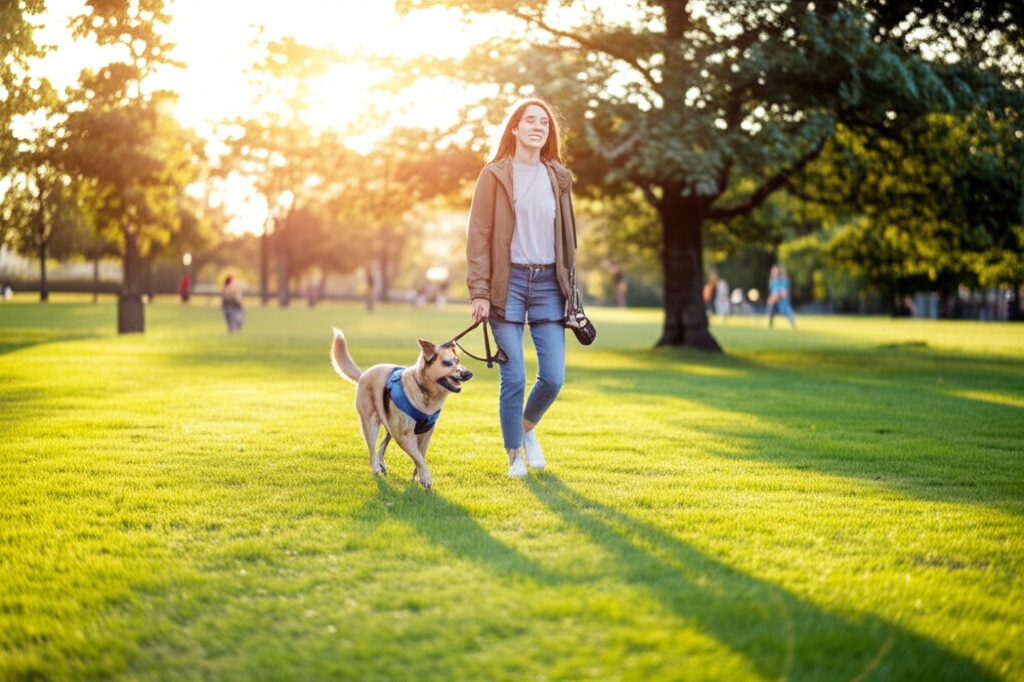 Promeneur avec un chien dans un parc