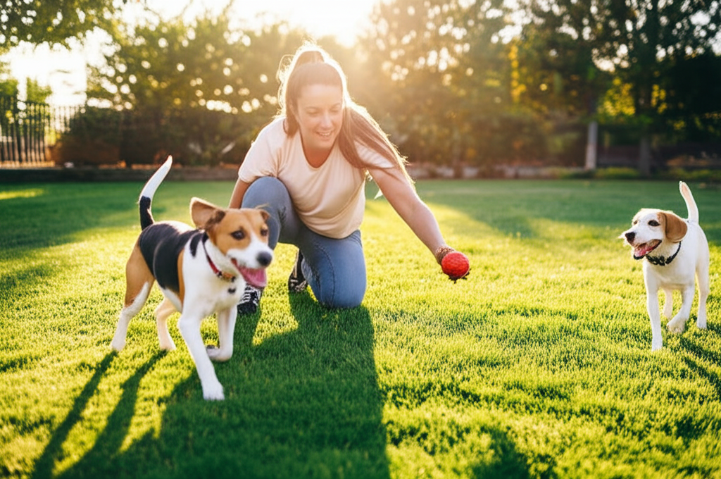 Chiens heureux jouant dehors avec un gardien d'animaux