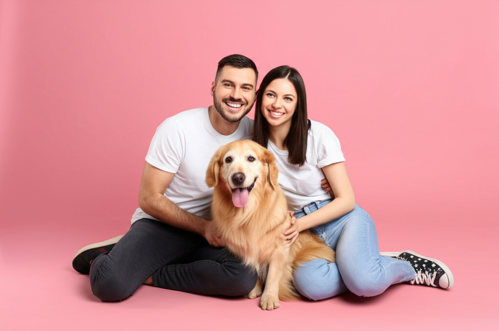 Un couple blanc heureux avec leur chien sur fond rose